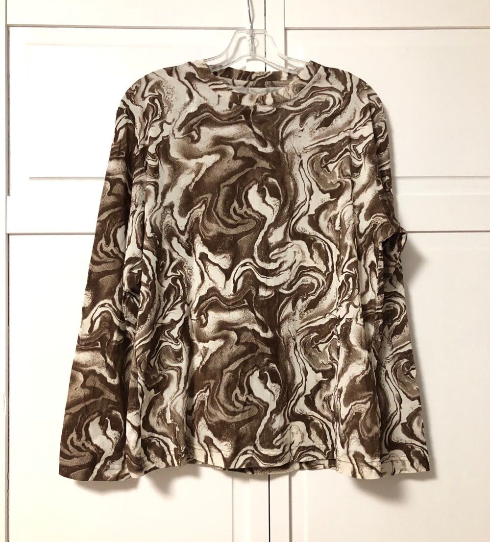 Brown Abstract Marble Print Long Sleeve Crew Neck Shirt - Womens Size M